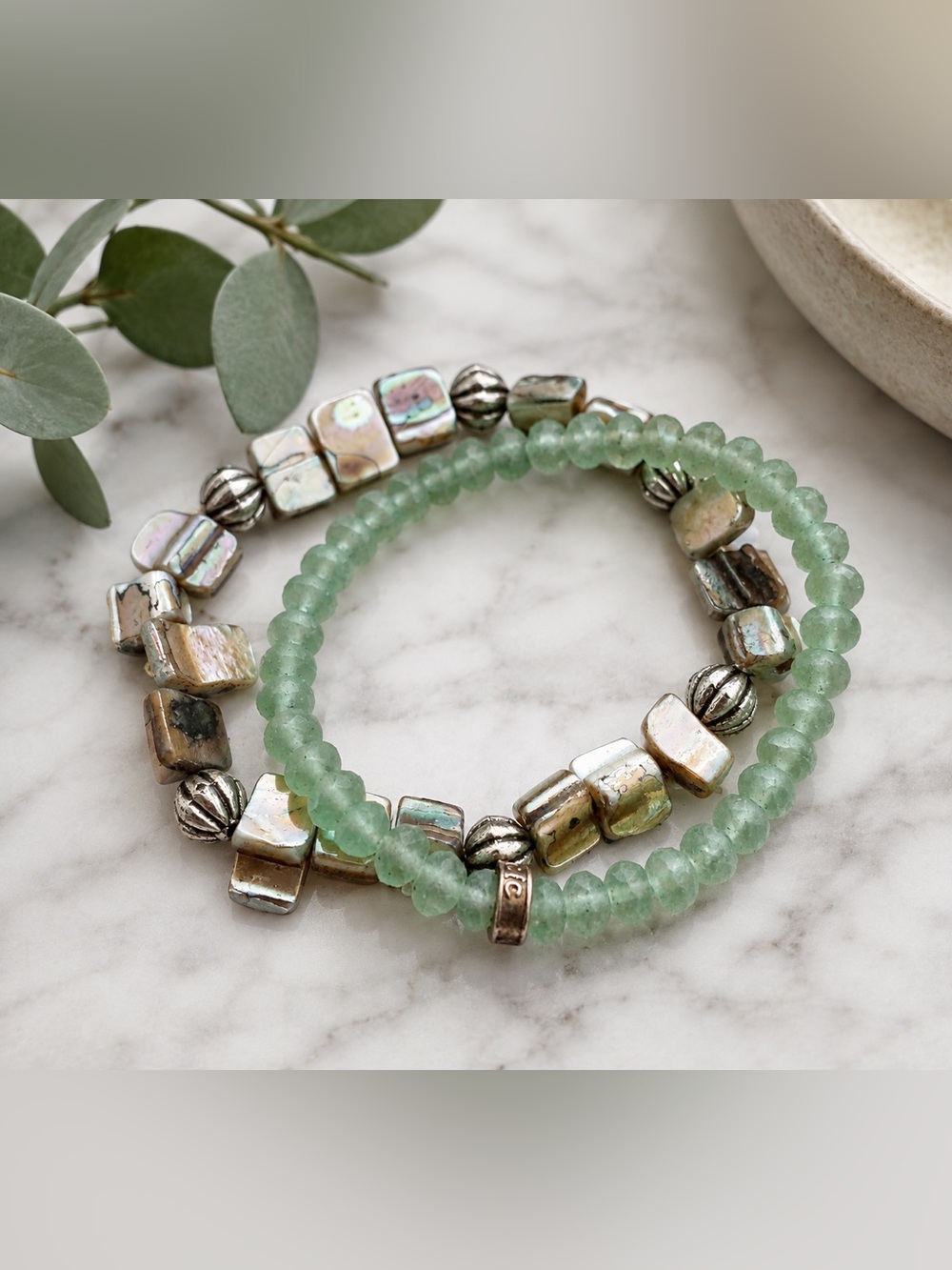 Abalone Shell & Seafoam Green Beaded Bracelet Set